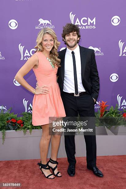 Musician Thomas Rhett and Lauren Akins arrive at the 48th Annual Academy of Country Music Awards at the MGM Grand Garden Arena on April 7, 2013 in...