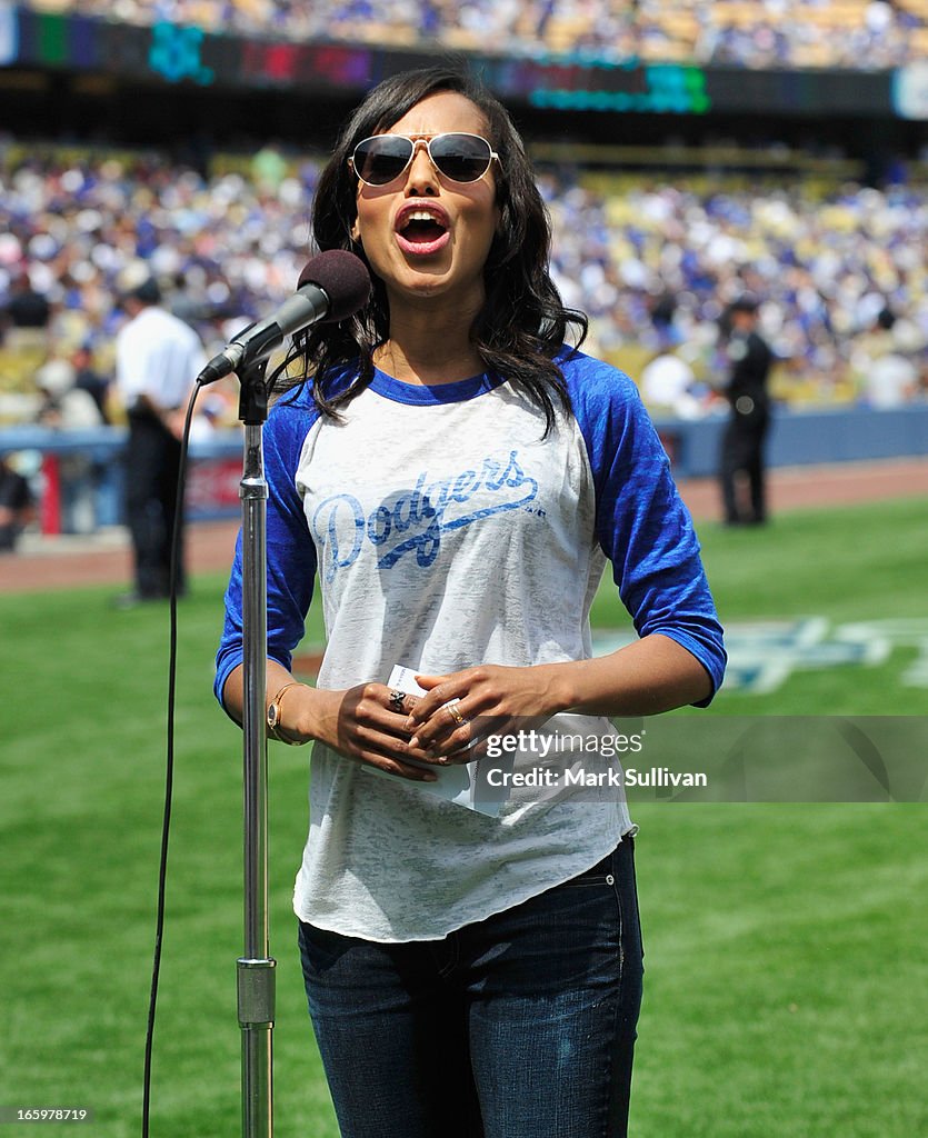 Kerry Washington Announces The Starting Line-Up At Dodgers Game