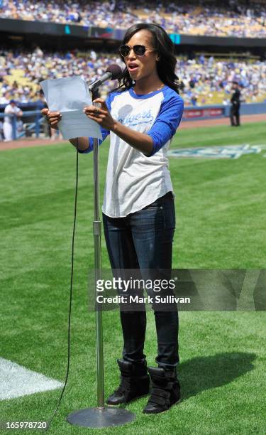 Actress Kerry Washington announces the Los Angeles Dodger starting line-up at Dodger Stadium on April 7, 2013 in Los Angeles, California.