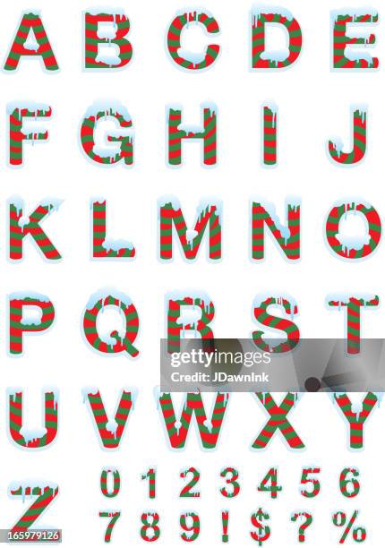 striped candy cane alphabet green and red with snow - rock font stock illustrations