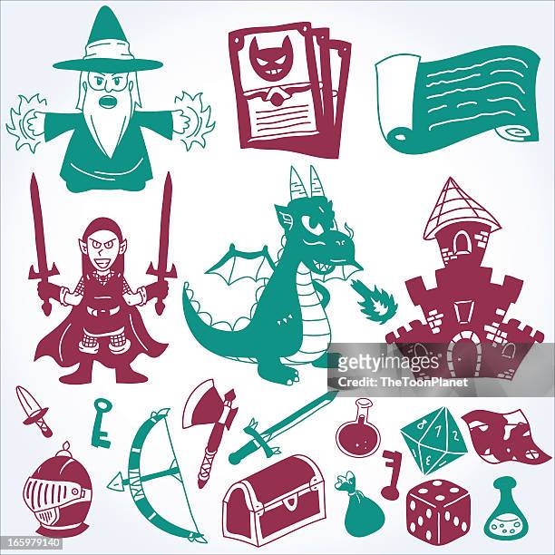 doodle epic and fantasy character silhouettes vector drawing illustration set - medieval vector knights dragons stock illustrations