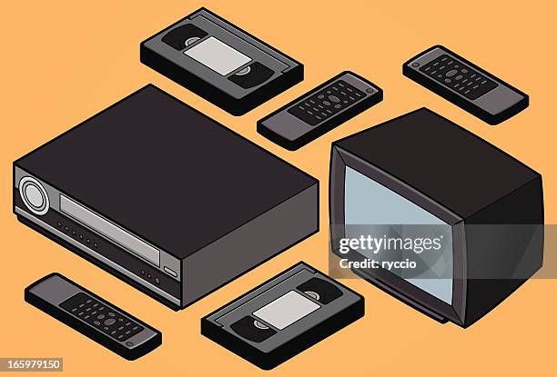 isometric retro-video home system-tv, videorecorder, vhs - digital video camera stock-grafiken, -clipart, -cartoons und -symbole