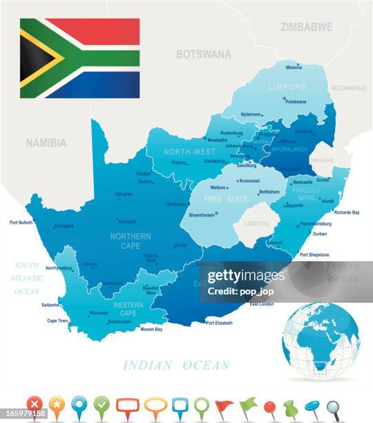 map of south africa - states, cities, flag and icons - limpopo province stock illustrations