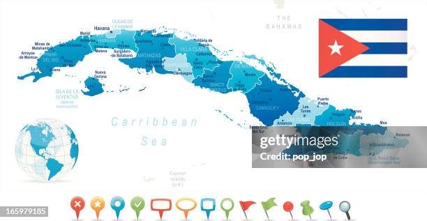 map of cuba - states, cities, flag and navigation icons - cuba map stock illustrations