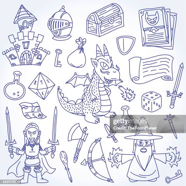 gekritzel abenteuerlichen und fantasy zeichen vektor kontur zeichnen illustration-set - rpg stock-grafiken, -clipart, -cartoons und -symbole