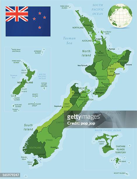 green map of new zealand - states, cities and flag - aotearoa stock illustrations