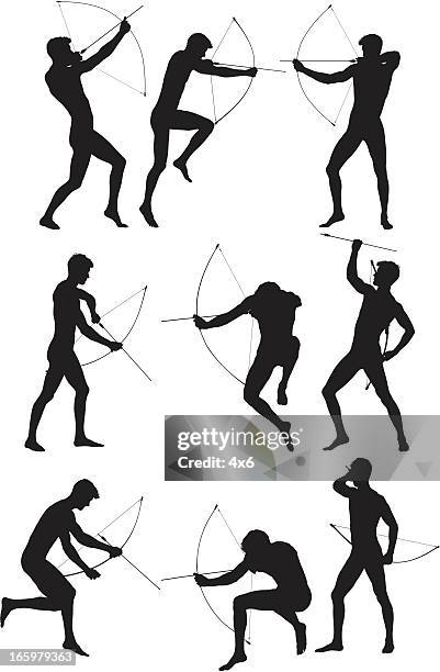 silhouette of man aiming with a bow and arrow - pointing at chest stock illustrations