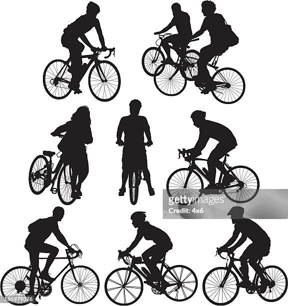 multiple images of cyclists - handlebar stock illustrations