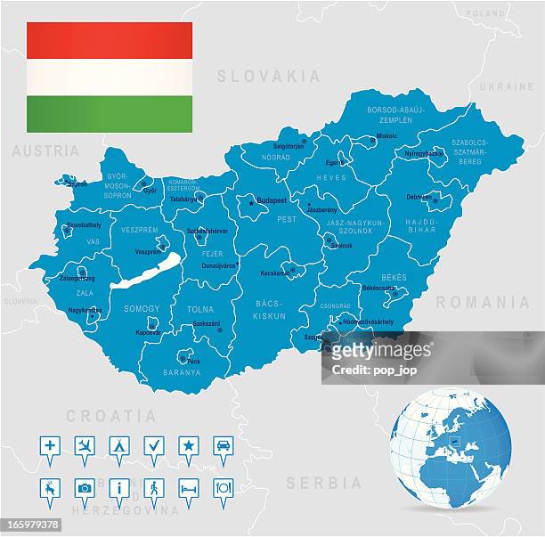 map of hungary - states, cities, flag, navigation icons - eger hungary stock illustrations