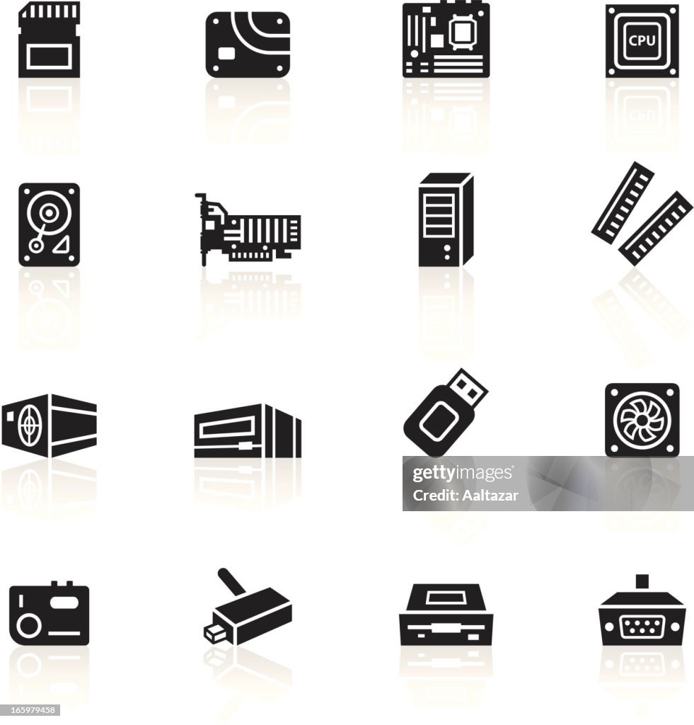 Símbolos e peças de computador preto