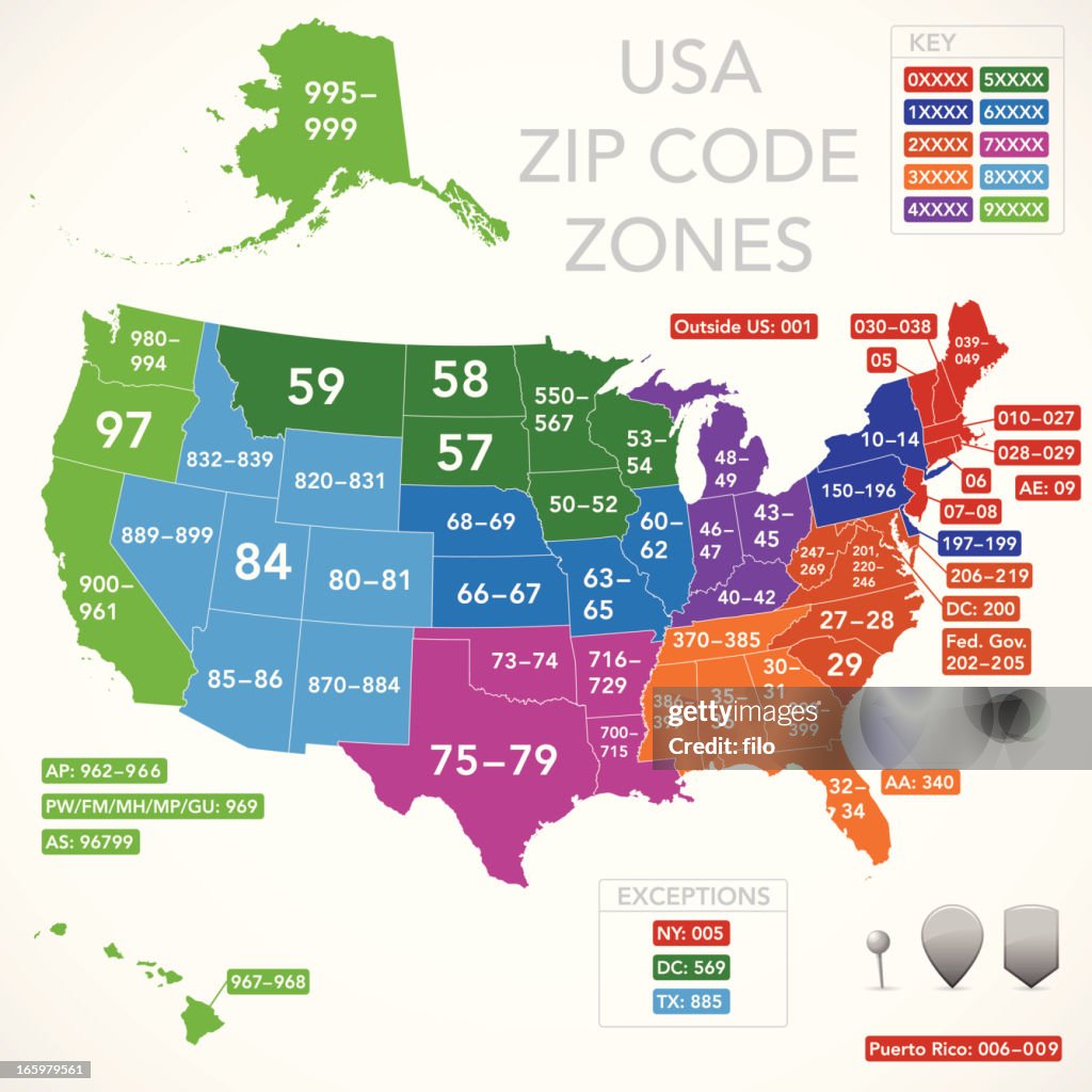 Estados Unidos Mapa De Código Postal Ilustración de stock - Getty Images