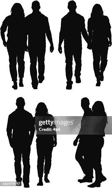 multiple images of a couple in love - woman walking side view stock illustrations