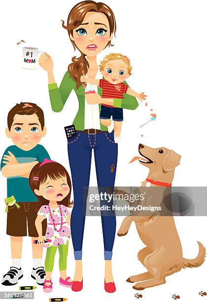 ilustraciones, imágenes clip art, dibujos animados e iconos de stock de de trabajo madre con hijos - rabieta