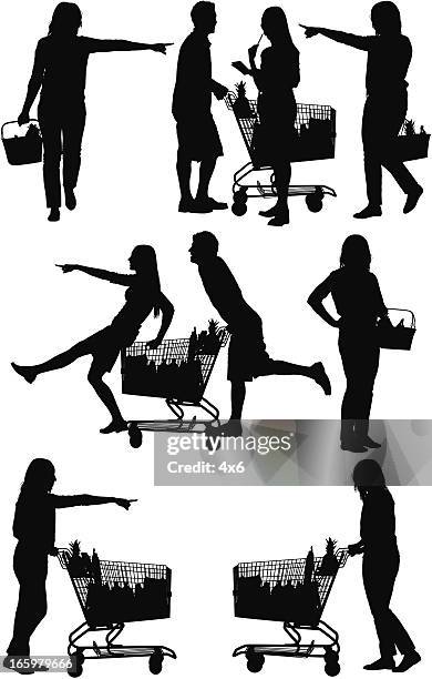 silhouette of people shopping in a supermarket - supermarket shopping stock illustrations