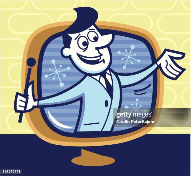 illustrazioni stock, clip art, cartoni animati e icone di tendenza di presentatore televisivo - television host