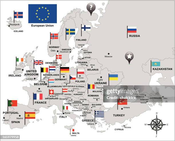 europe map in gray with flags and pin icons - germany v italy international friendly stock illustrations