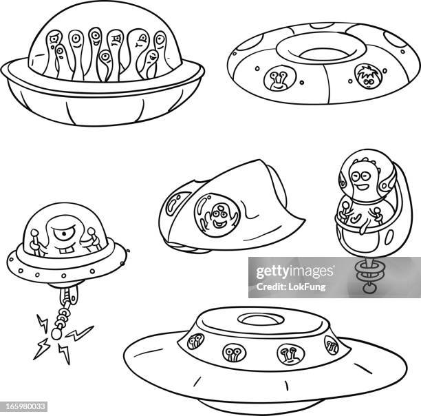 illustrazioni stock, clip art, cartoni animati e icone di tendenza di ufo collezione in bianco e nero - ufo white background
