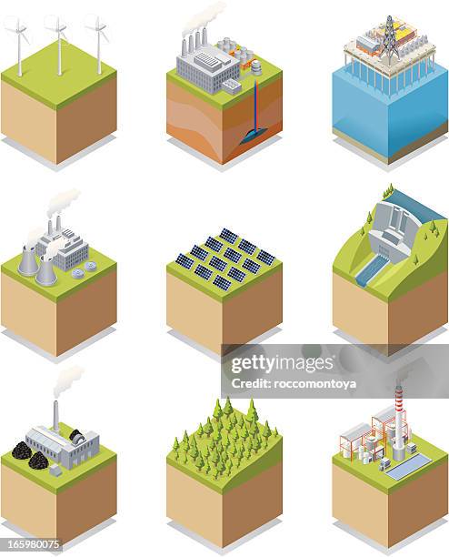 stockillustraties, clipart, cartoons en iconen met isometric, energy set - biomass renewable energy source
