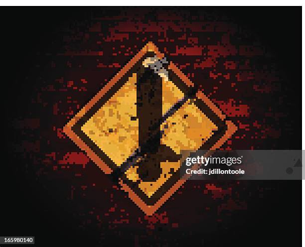 yellow warning sign on brick wall - site hoarding stock illustrations