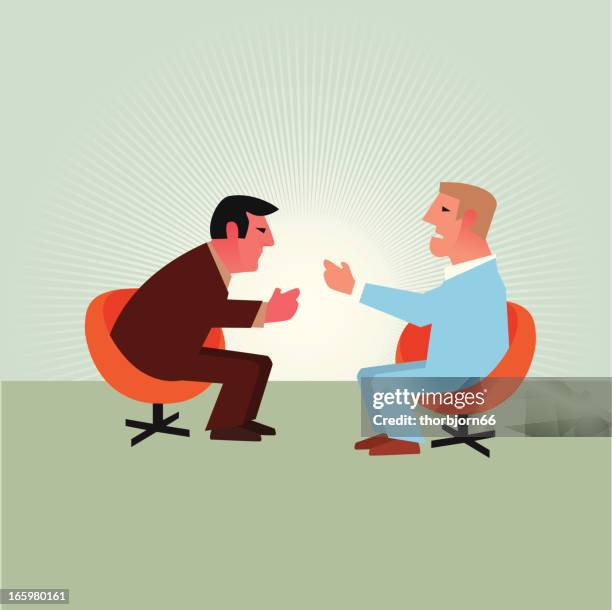 intense interview questions - man interview stock illustrations