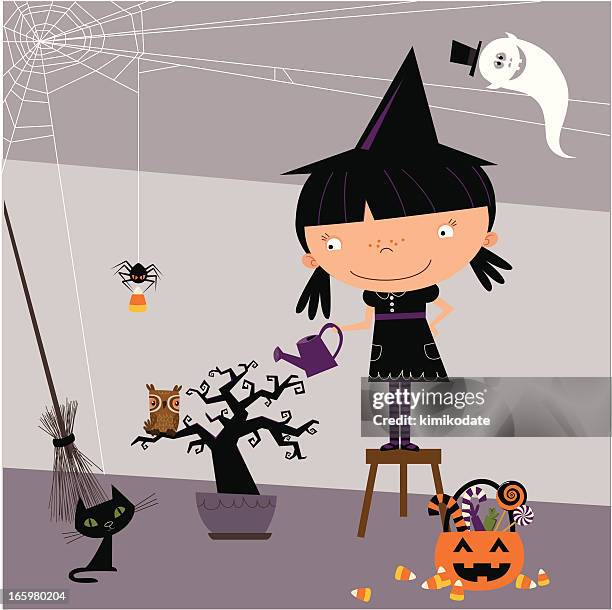 little witch and her spooky tree - ugly pumpkins stock illustrations