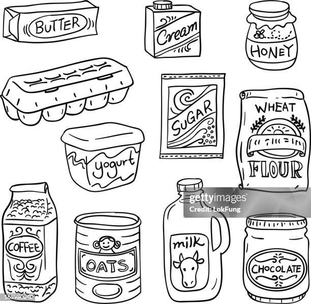 dairy food in black and white - yogurt container stock illustrations