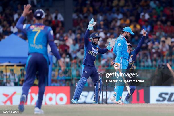 Kusal Mendis of Sri Lanka take of Ravindra Jadeja of India during the Asia Cup Super Four match between Sri Lanka and India at R. Premadasa Stadium...