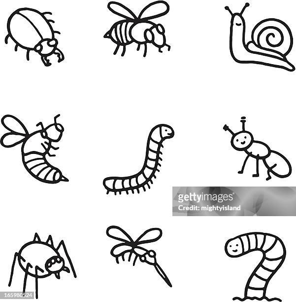 käfer doodle icon-set - weinbergschnecke stock-grafiken, -clipart, -cartoons und -symbole