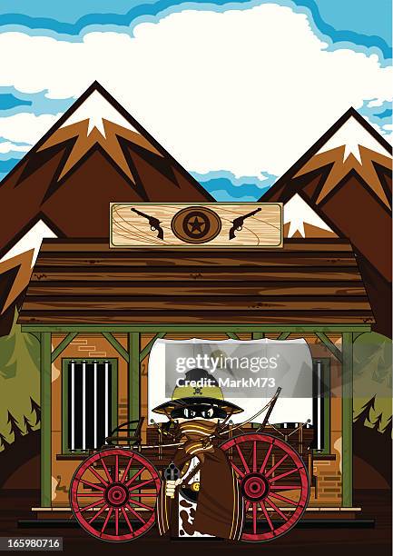 masked cowboy sheriff & wagon at jail - cowboy hat clipart stock illustrations