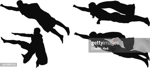 multiple images of a man flying - superman costume white background stock illustrations
