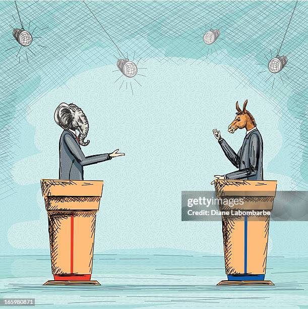 elephant and donkey in suits standing at podiums ppp - debate stage stock illustrations
