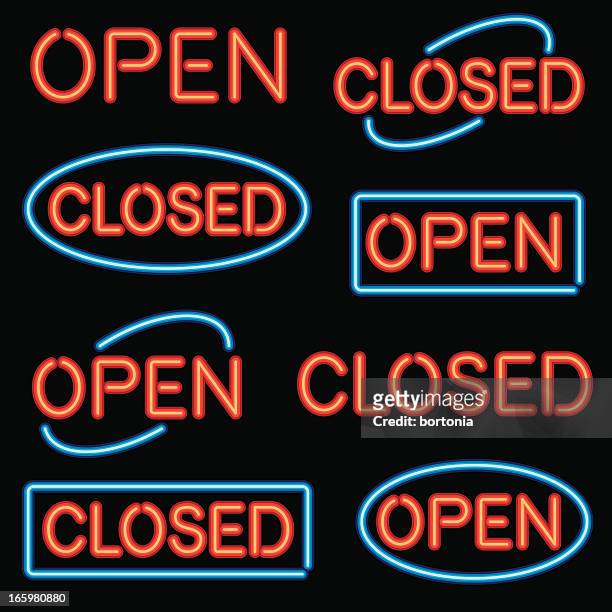 ilustraciones, imágenes clip art, dibujos animados e iconos de stock de neón'abrir'y'closed'señal de juego - open sign