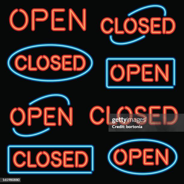 stockillustraties, clipart, cartoons en iconen met neon 'open' and 'closed' sign set - neon