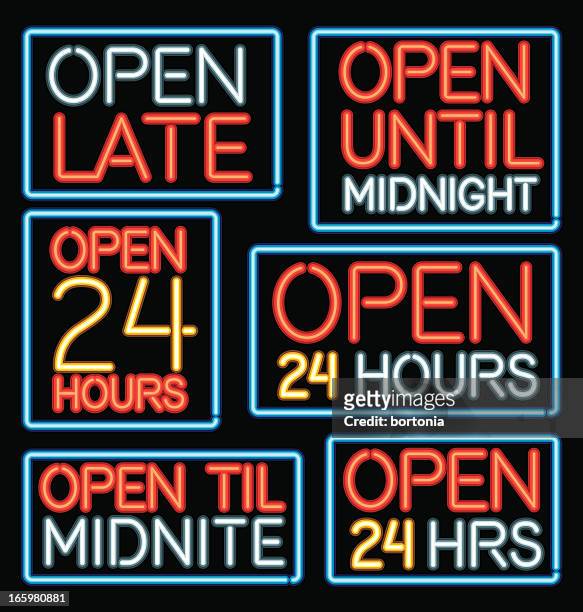 neon 'open late' sign icons - 24 hrs stock illustrations