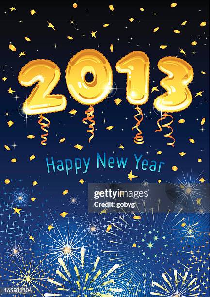 happy new year - 2013 balloon - new years gold streamer stock illustrations