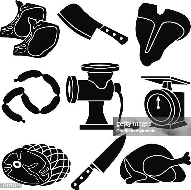 meat grinder und symbole - kotelett stock-grafiken, -clipart, -cartoons und -symbole