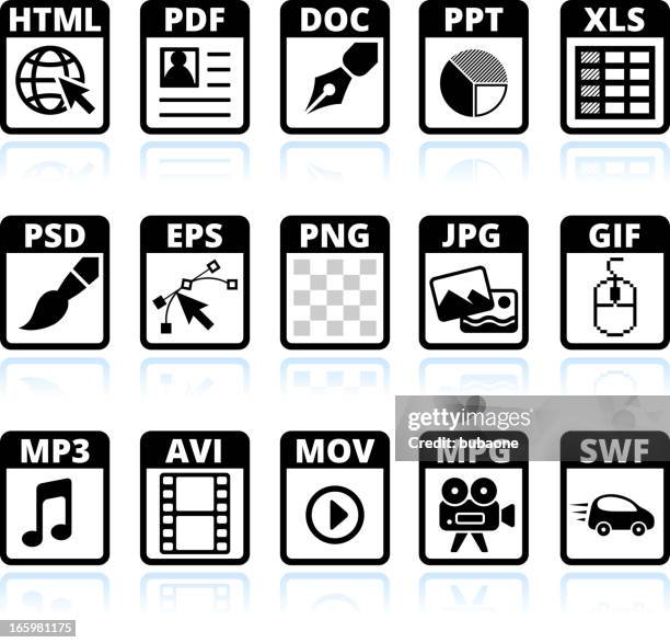 file types and formats black & white vector icon set - file folder infographic stock illustrations