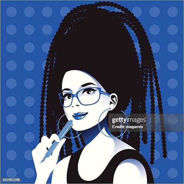 ilustraciones, imágenes clip art, dibujos animados e iconos de stock de mujer joven con un bolígrafo. - braided hair