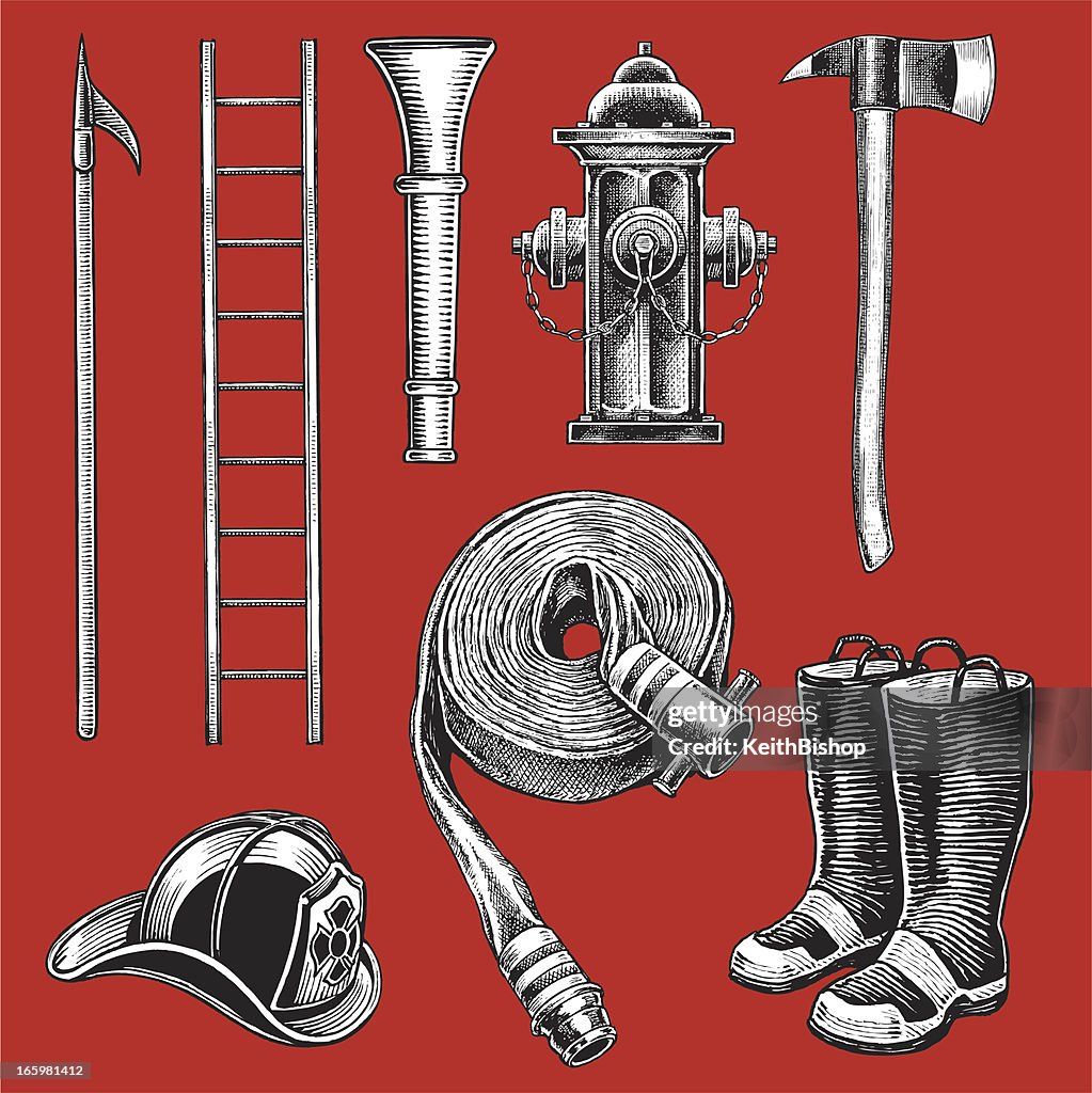 Retro Firefighting Firefighting Equipment Retro Style 1950s High-Res Vector Graphic ...