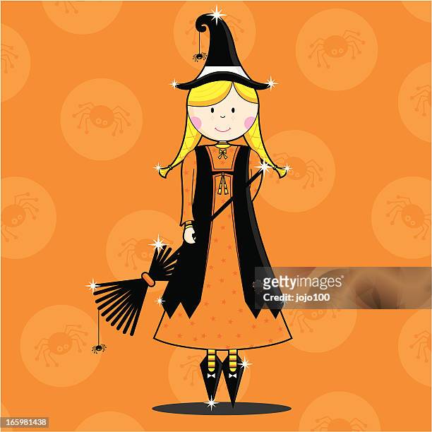 ilustrações, clipart, desenhos animados e ícones de bonita menina bruxa de halloween personagem - design plat