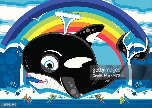 illustrations, cliparts, dessins animés et icônes de orque et des poissons arc-en-ciel scène - event