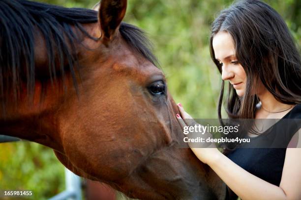 pretty girl acariciar el caballo marrón diríjase al aire libre - compassionate eye fotografías e imágenes de stock