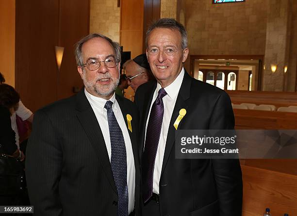 Rabbi Ed Feinstein and Mount Sinai Memorial Parks and Mortuaries General Manager Len Lawrence attend the Six Million Coins Initiative Launch for...