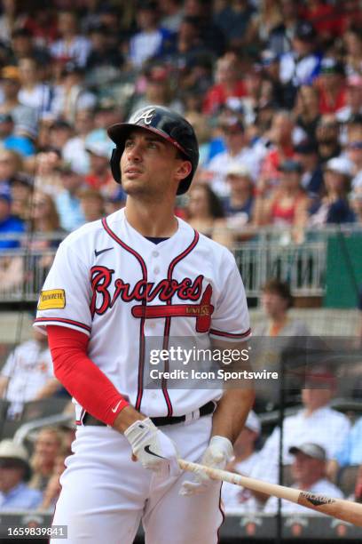 Atlanta Braves first baseman Matt Olson looks on during the MLB game between the Pittsburg Pirates and the Atlanta Braves on September 10, 2023 at...