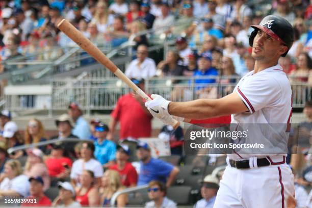 Atlanta Braves first baseman Matt Olson looks on during the MLB game between the Pittsburg Pirates and the Atlanta Braves on September 10, 2023 at...