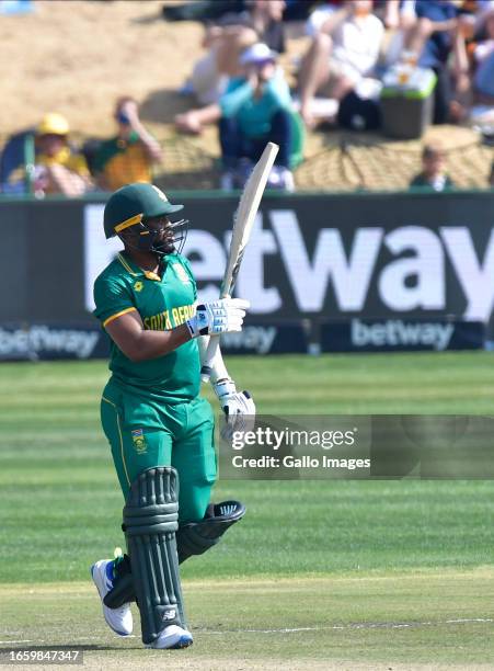 Temba Bavuma of South Africa celebrates his 50 runs during the 3rd Betway One Day International match between South Africa and Australia at JB Marks...