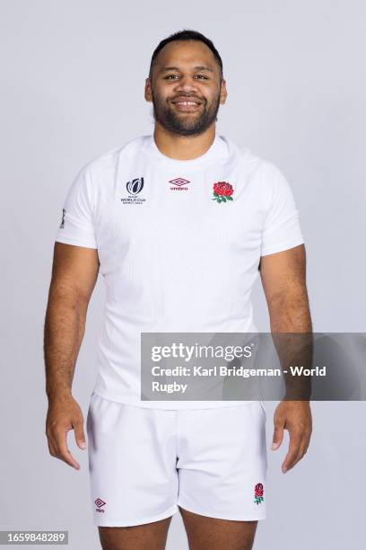 Billy Vunipola of England poses for a portrait during the England Rugby World Cup 2023 Squad photocall on September 02, 2023 in Le...