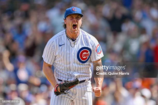 Justin Steele of the Chicago Cubs reacts after striking out a batter to end the top of the seventh against the San Francisco Giants at Wrigley Field...