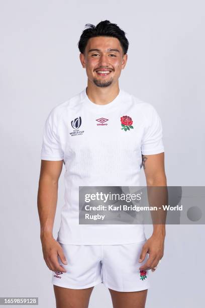 Marcus Smith of England poses for a portrait during the England Rugby World Cup 2023 Squad photocall on September 02, 2023 in Le Touquet-Paris-Plage,...