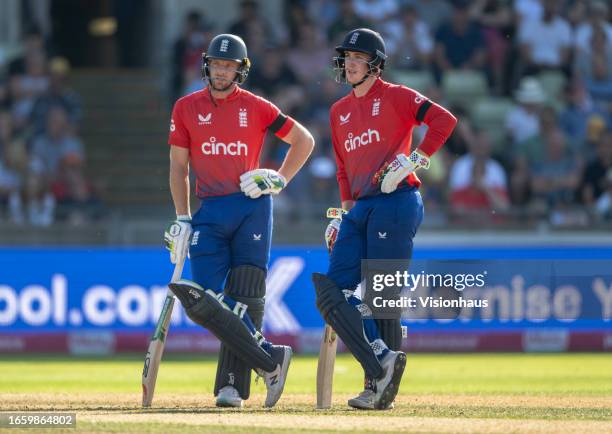 Harry Brook and Jos Buttler of England batting during the 3rd Vitality T20I match between England and New Zealand at Edgbaston on September 3, 2023...